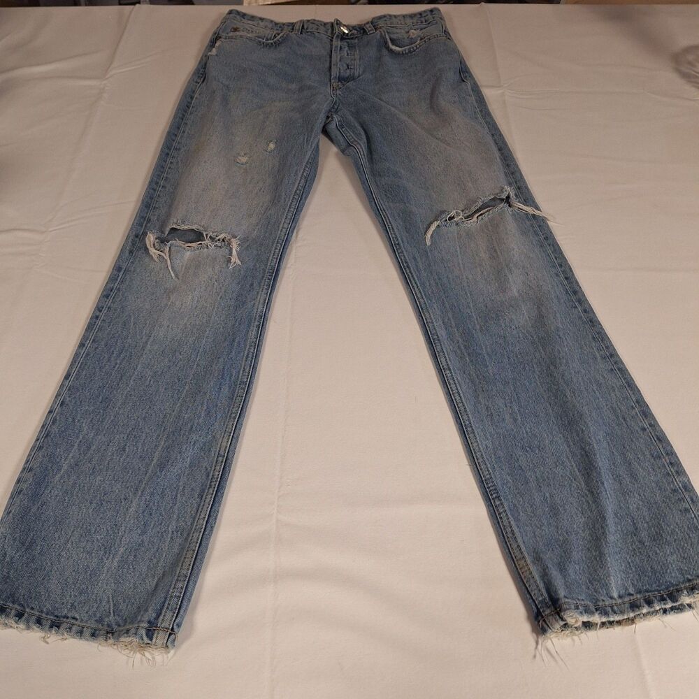 Zara Light Acid Wash Distressed High Rise Straight Leg Jeans Button Fly Size 8 - Picture 15 of 15